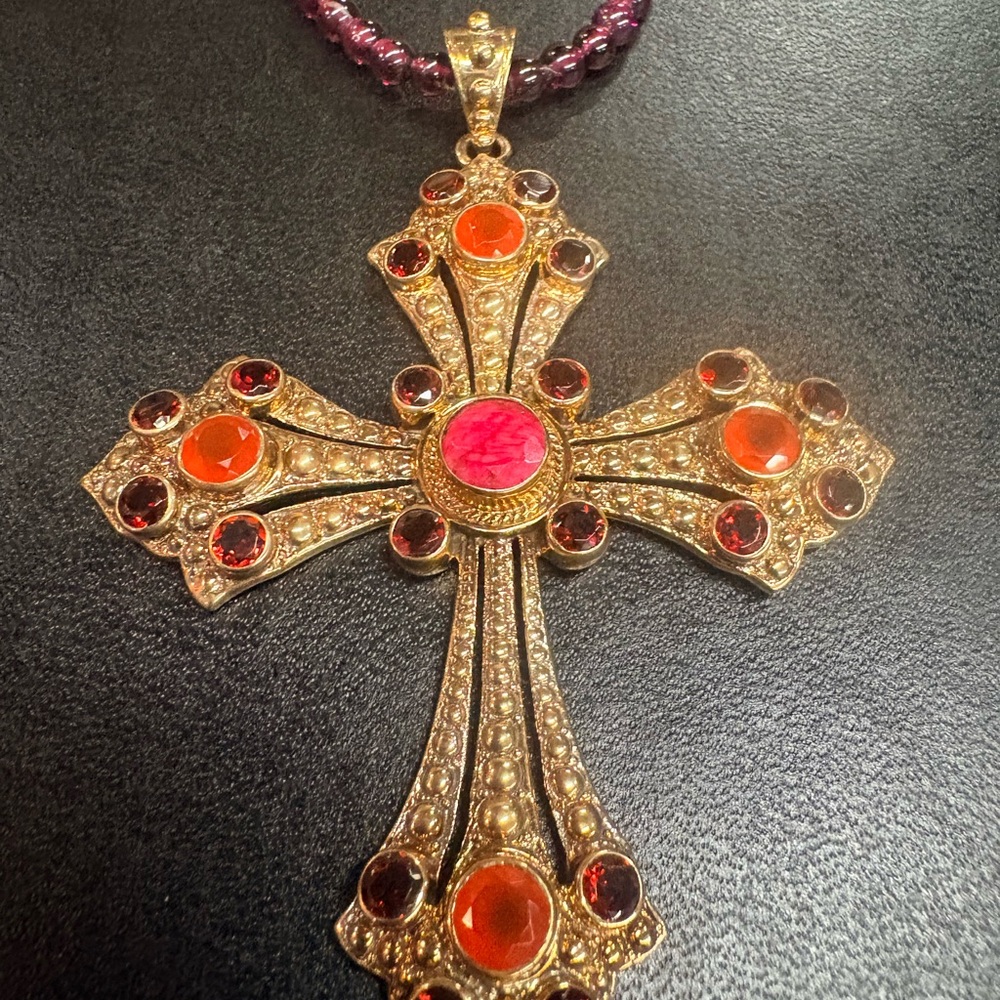 Ruby Corundum and Carnelian Gold-Tone CrossNecklace